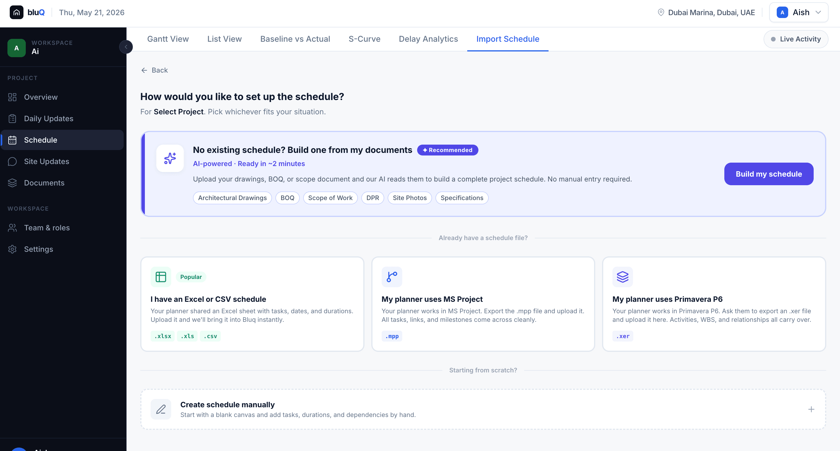 BluQ AI schedule import wizard