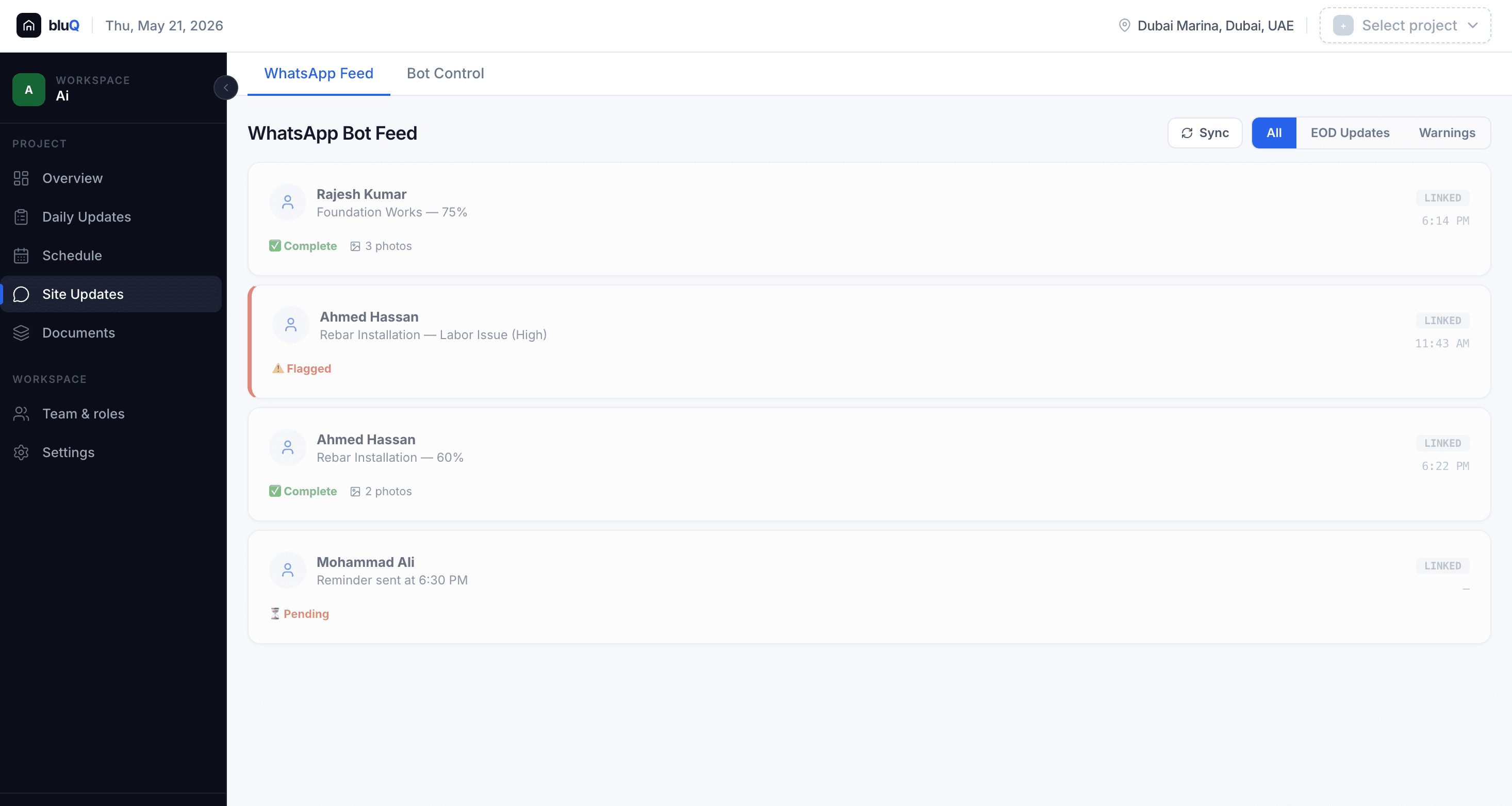 BluQ WhatsApp bot feed with live task updates